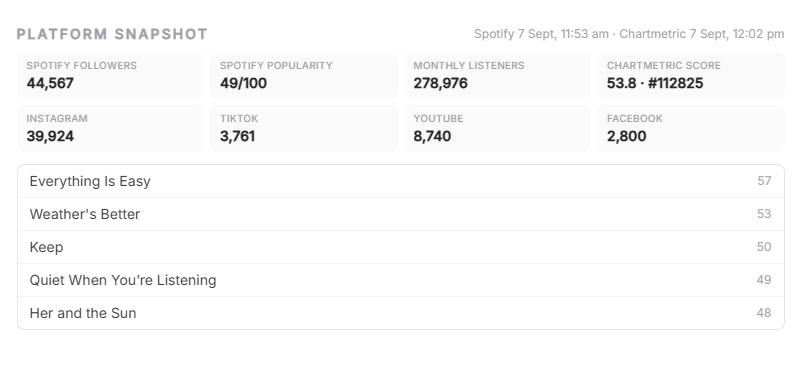 In Key platform snapshot with Spotify, Instagram, TikTok and Chartmetric metrics